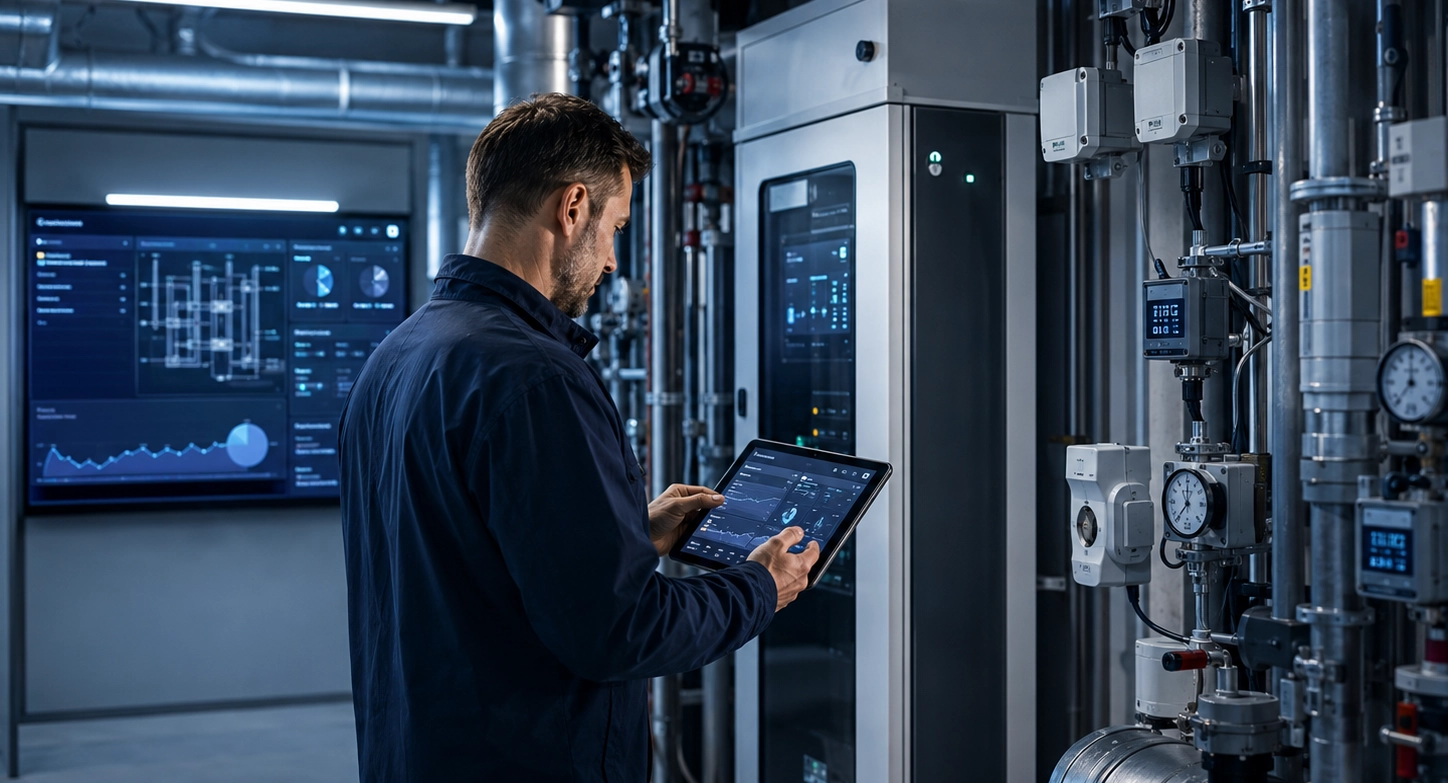 Műszaki szakember épületautomatizálási rendszert felügyel tableten, HVAC gépészeti térben és vezérlőberendezések mellett