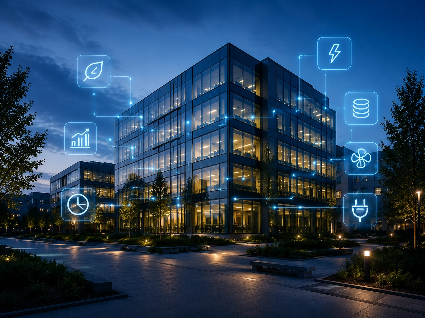 Modern irodaépület energiaoptimalizálási ikonokkal és digitális épületautomatizálási kapcsolatokkal