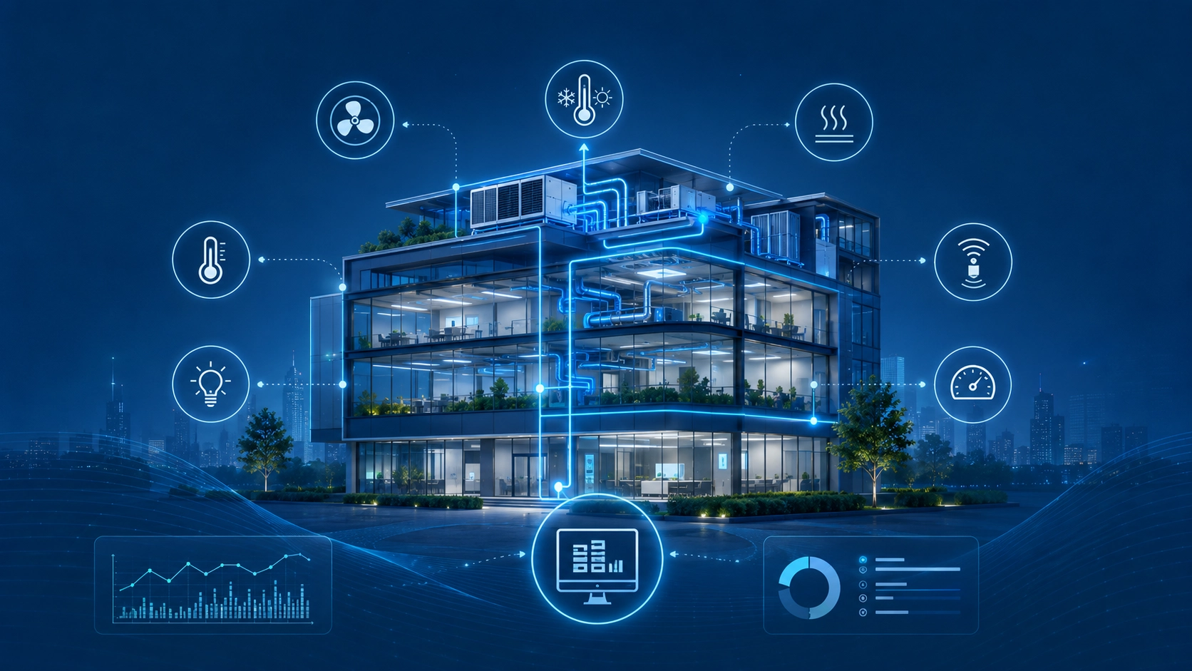 Infografika intelligens épületről, HVAC rendszerekről, szenzorokról, világításvezérlésről és épületautomatizálási kapcsolatokkal