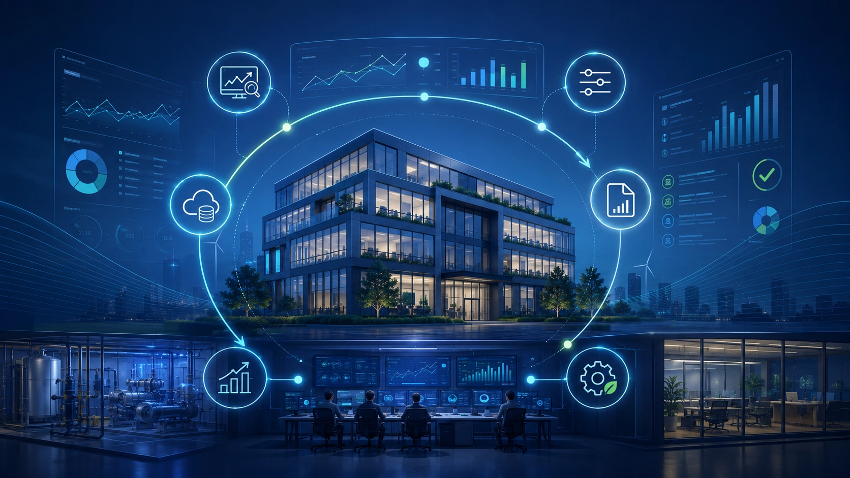 Infografika modern épülettel, üzemeltetési dashboardokkal, trendekkel, riportokkal és optimalizálási visszacsatolással