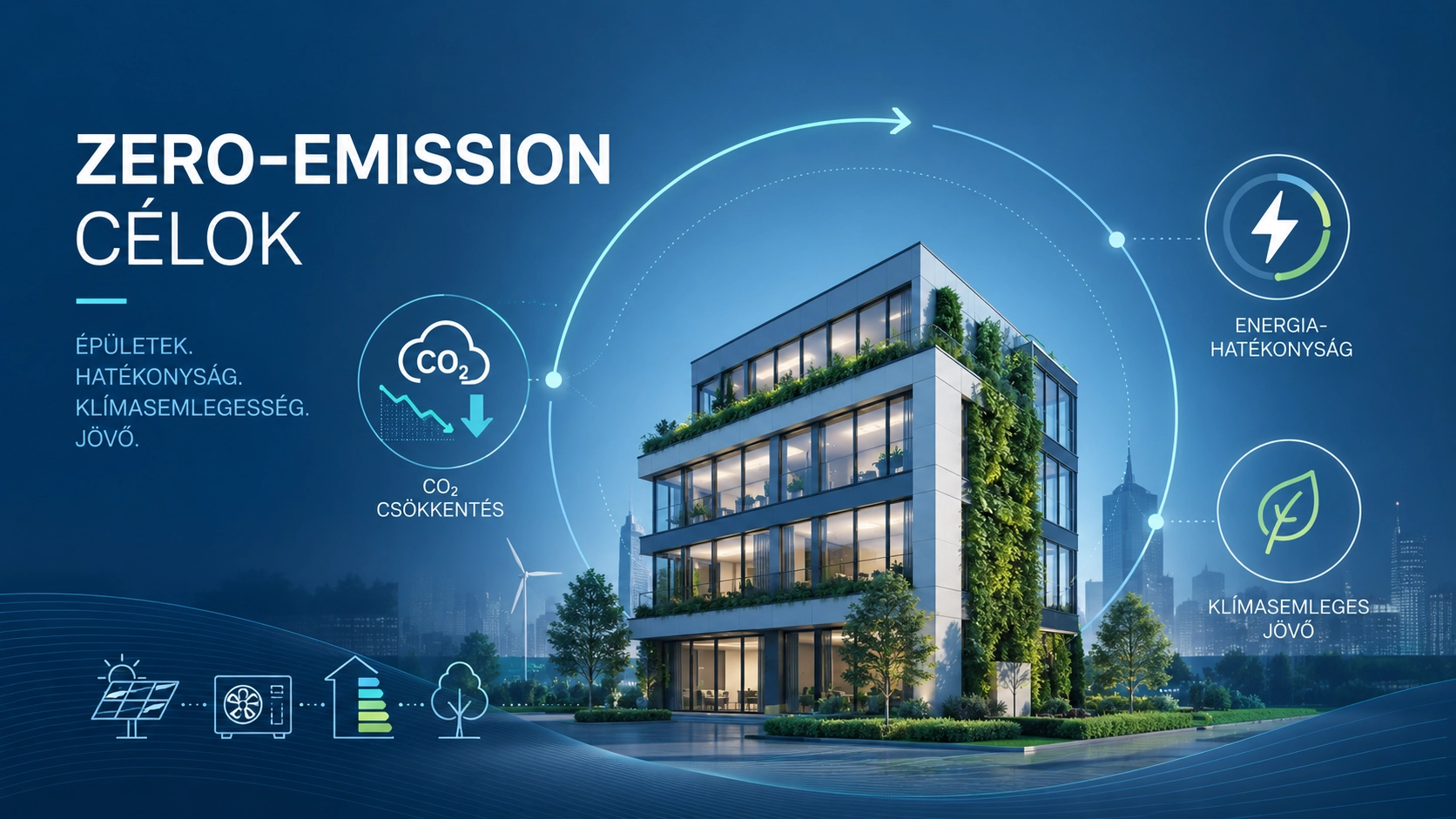 Infografika modern épülettel, CO2-csökkentéssel, energiahatékonysággal és klímasemleges jövővel az EPBD zero-emission céljaihoz