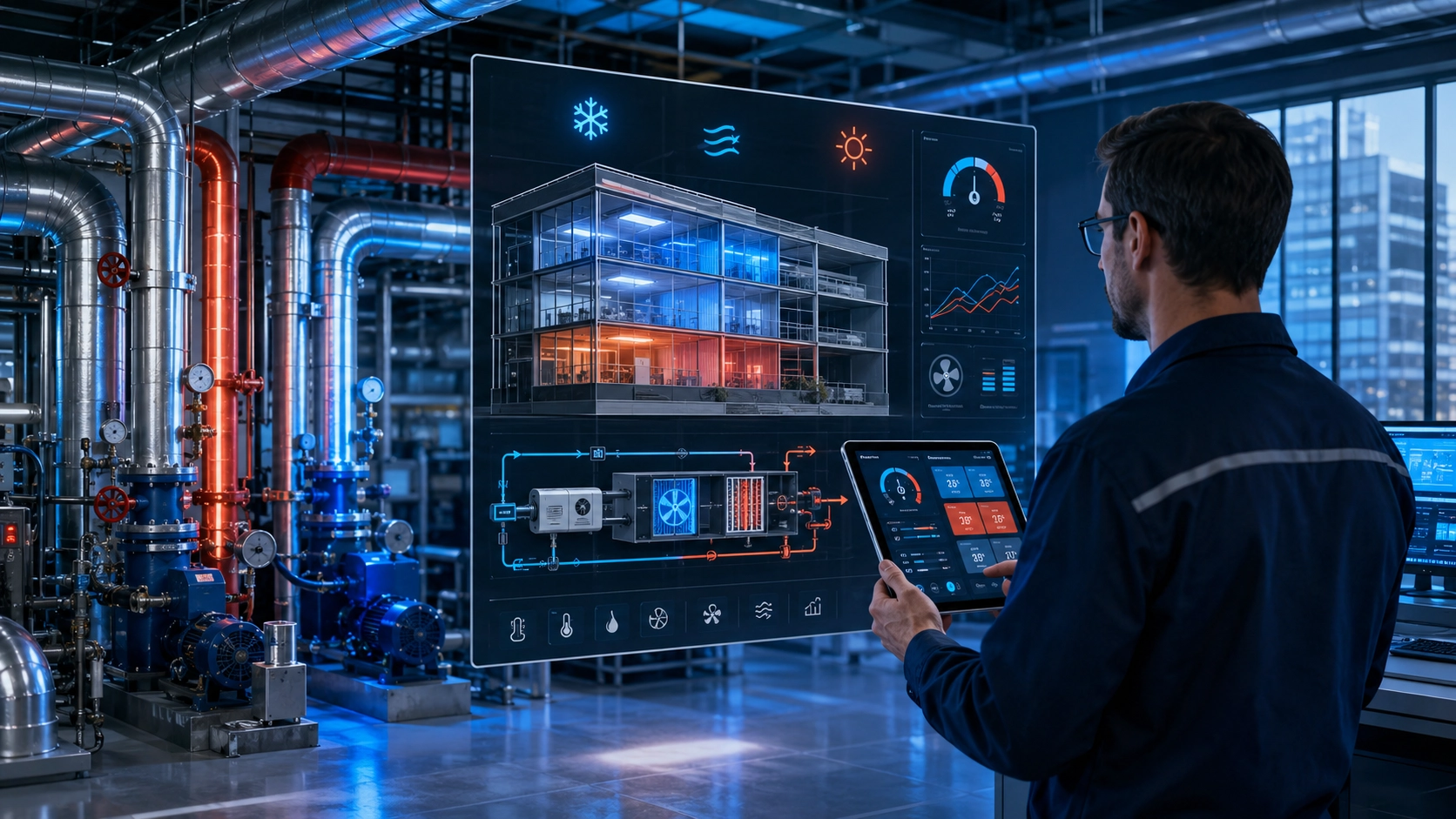 HVAC rendszer és épületautomatizálási vezérlőközpont, ahol jól látható a fűtési és hűtési rendszer szabályozása és felügyelete