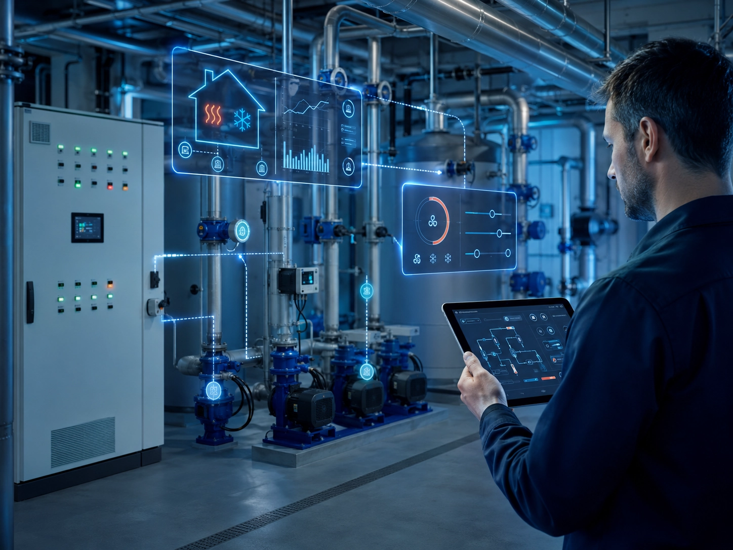 Modern ipari vezérlőtér intelligens felületekkel, ahol a fűtési, hűtési és egyéb épületgépészeti rendszerek szabályozása történik